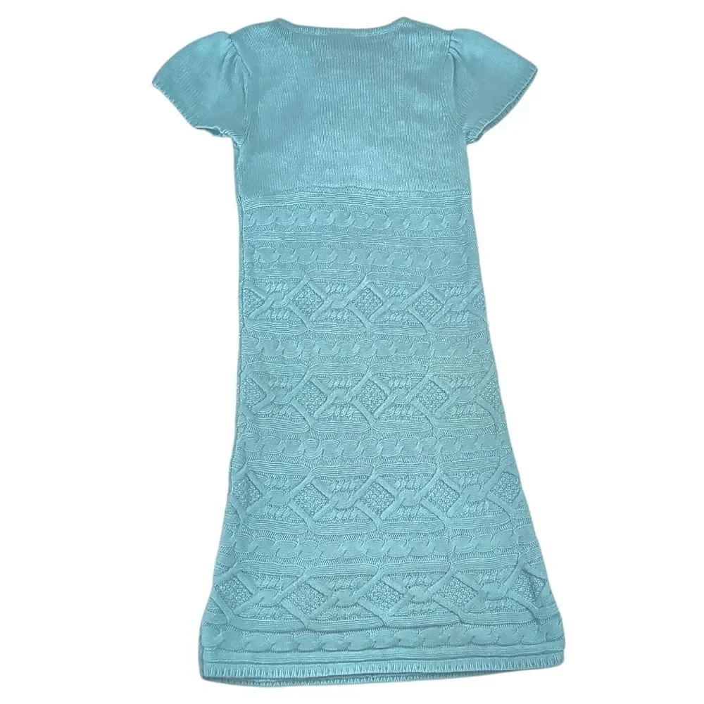 Gymboree Cable Knit Sweater Dress Girls Size 10 Aqua Blue Short Sleeve Ruffle